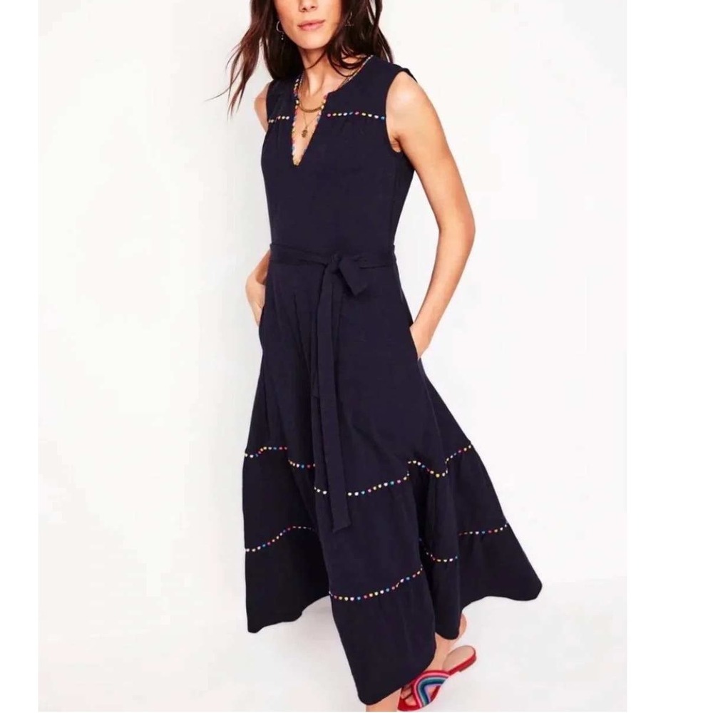 Boden Tara Tiered Midi Dress US 8 Pom Trim 100% Cotton Navy Blue - Picture 1 of 15